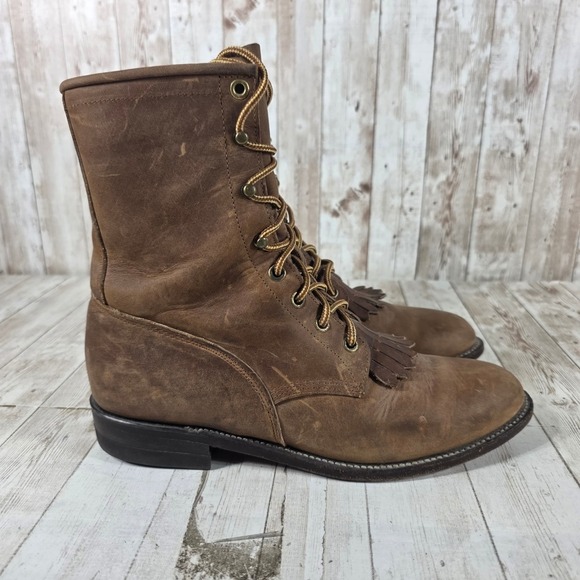 Justin Shoes - Justin L0575 Womens Brown Leather Lace Up Kiltie Western Boots Made in USA 8.5 B